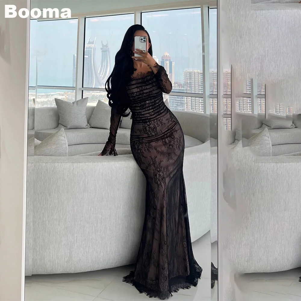 Booma Lace Mermaid Evening Dresses Full Sleeves Boat Neck Long Formal Occasion Gowns Saudi Arabic Prom Party Dresses Dubai