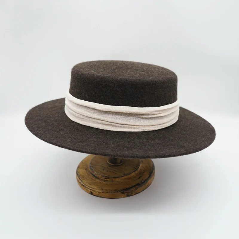 

Coffee Boater Hats for Women Winter Hat FlatWool Fedora Hat with band Dance Party Stage performance Hat Ladies church hat