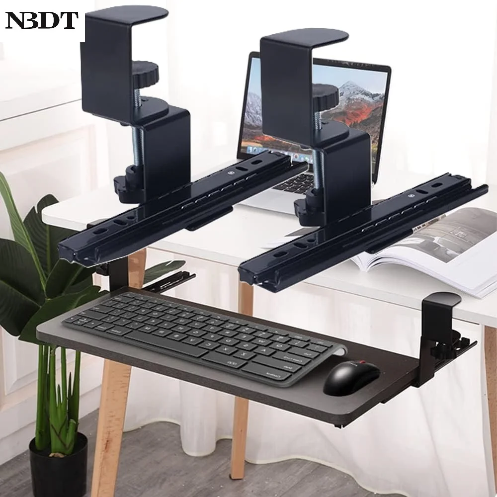 

1Pair Under Desk Clamp On Pull Out Slide Rail For Keyboard Tray