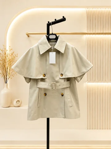 2026 Women Trench Coat Cropped Cape Style Turn Down Collar Double‑Breasted Buttons Fastenable Waistband Side Opening Pockets