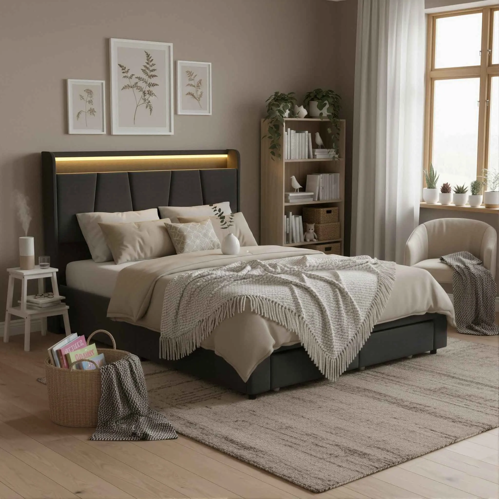 Baule letto 140x cm ibrido Storage (idraulico + 2 cassetti), LED RGB, USB/Tipo C, ripiano testiera, tessuto