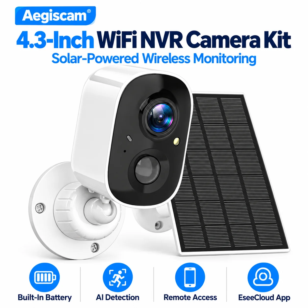 Caméra sans fil EseeCloud 5MP, caméra de sécurité solaire extérieure Wifi, caméra extérieure Wifi alimentée par batterie, détection humaine PIR et IA, audio bidirectionnel, vision nocturne couleur, Alexa, caméra IP solaire, alarme, audio bidirectionnel
