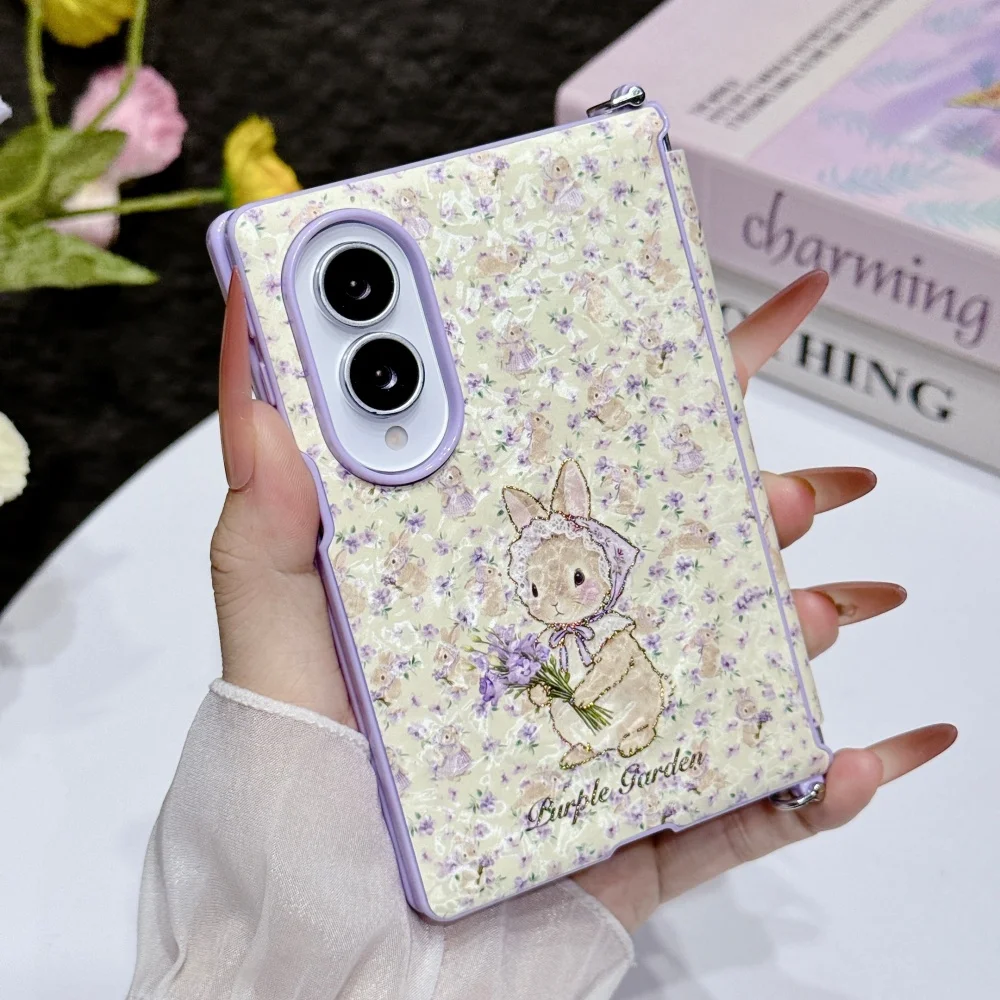 Retro Purple Floral Cute Rabbit Magnetic Phone Case for Samsung Galaxy Z Fold 8 cover Kawaii Women's Shockproof Cases with Charm