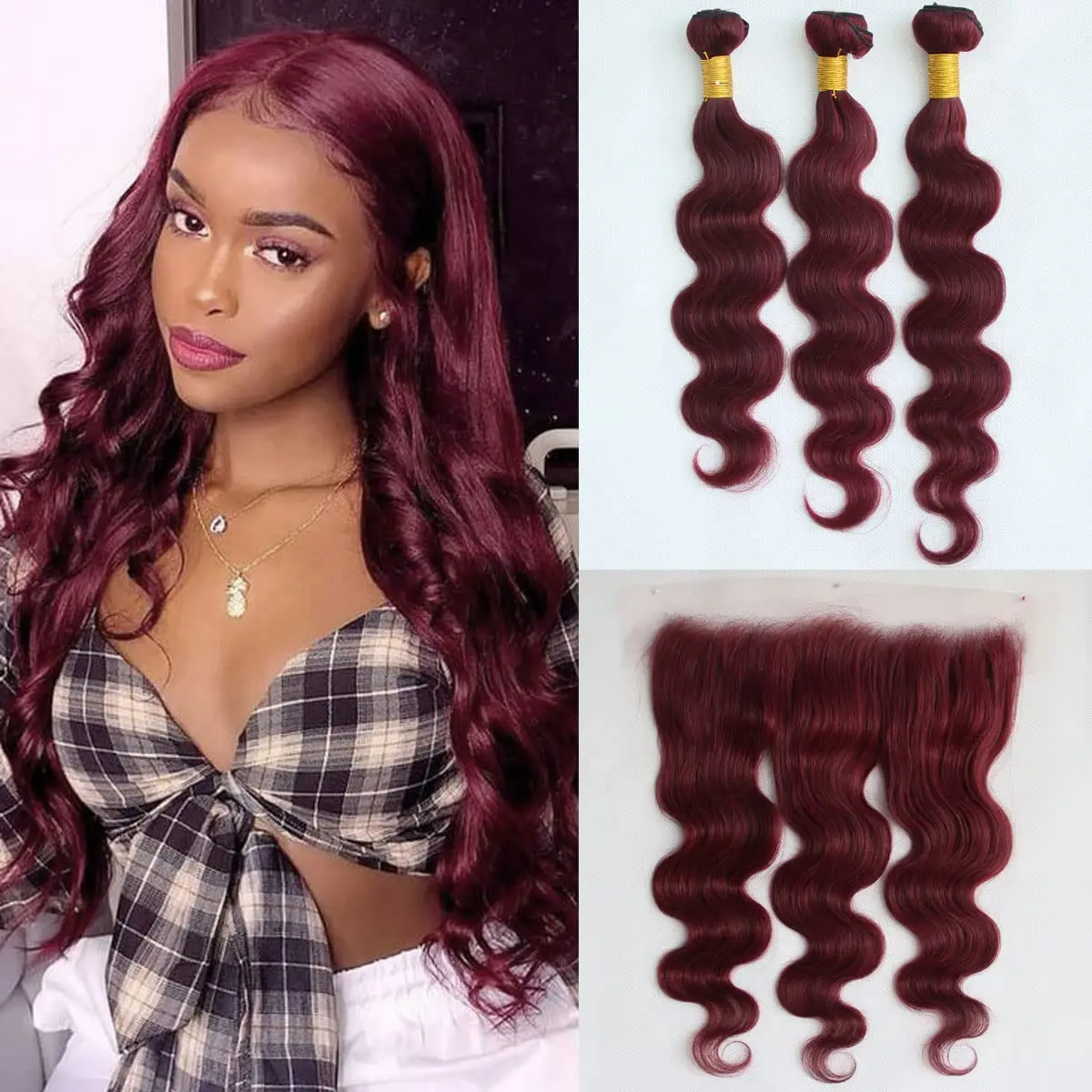 Burgundy #99j Body Wave 2/3 Bundles With Frontal Brazilian Human Hair Red Bundles With 13X4 Lace Frontal Closure Hair Extensions