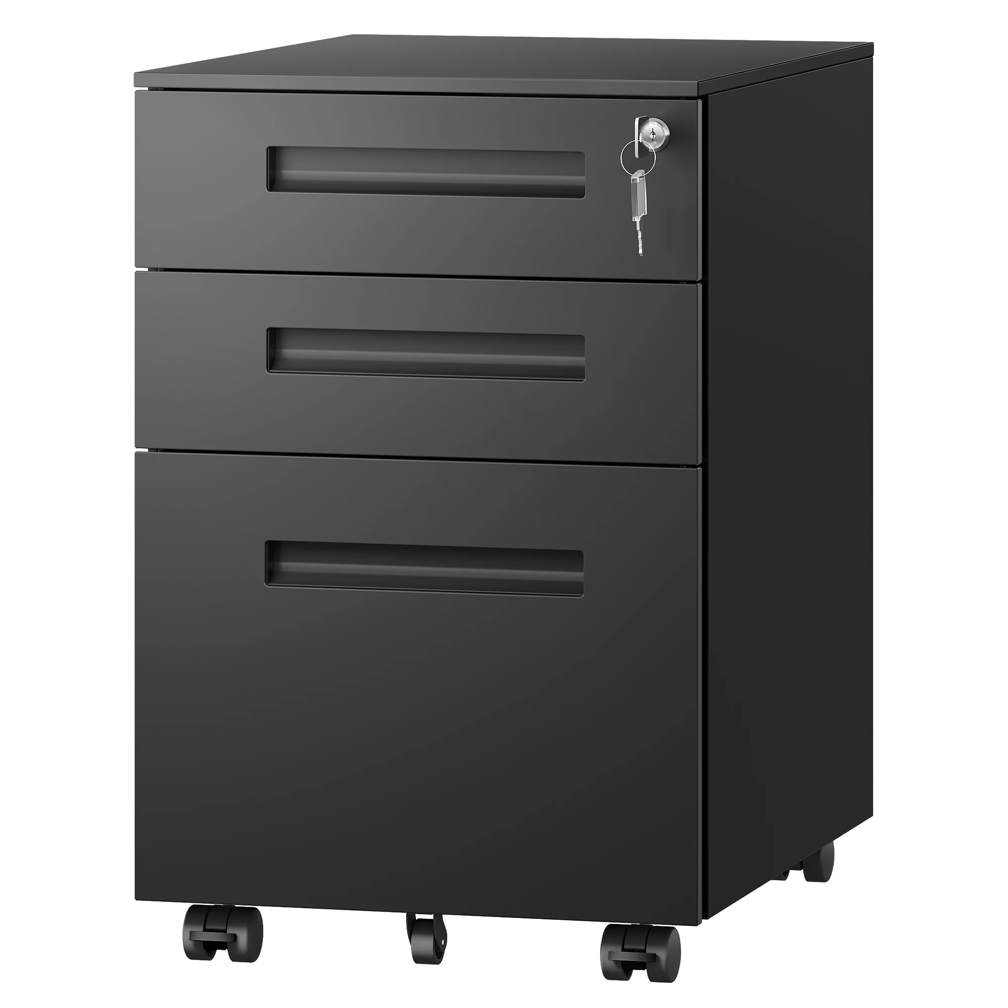3 Drawer Mobile File Cabinet, Fully Assembled Except Casters Metal Filing Cabinet with Lock Under Desk for Home Office, Printer Stand fits A4/Letter/Legal Size, Black
