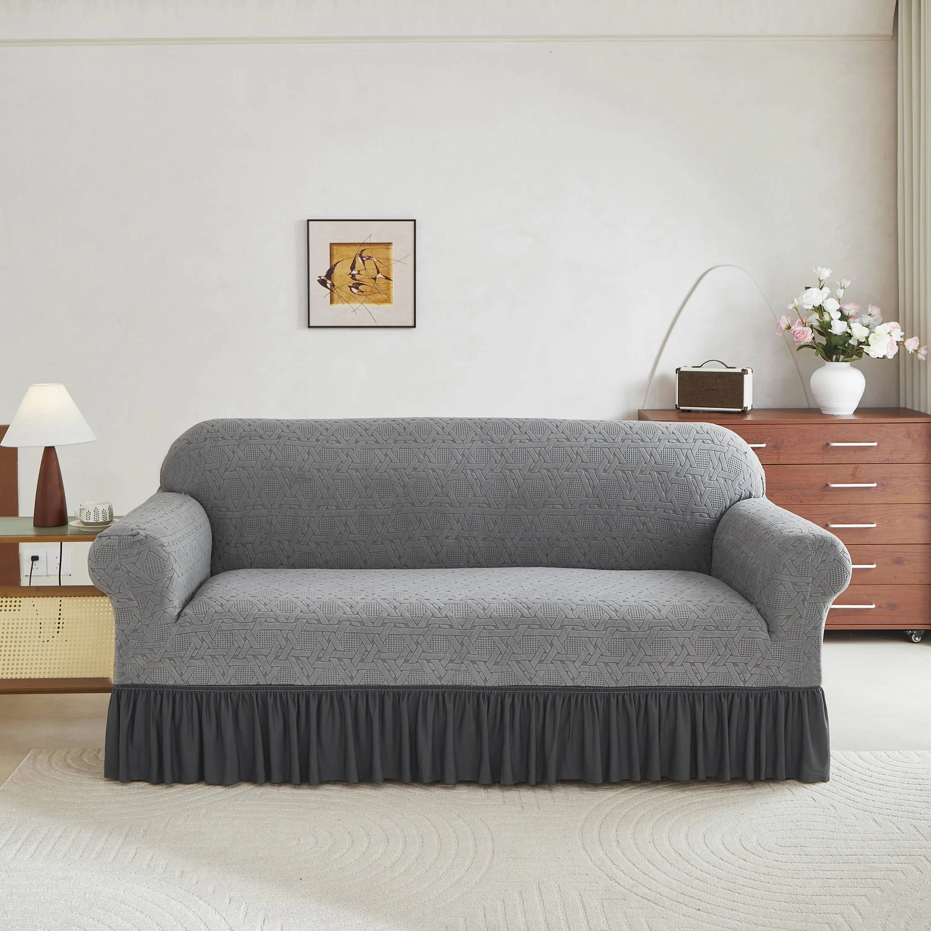 1PC Botanical Leaf Pattern Jacquard Polar Fleece Sofa Slipcover With Skirt Stretch Fit All-Season Ultra-Stretch Pet-Friendly