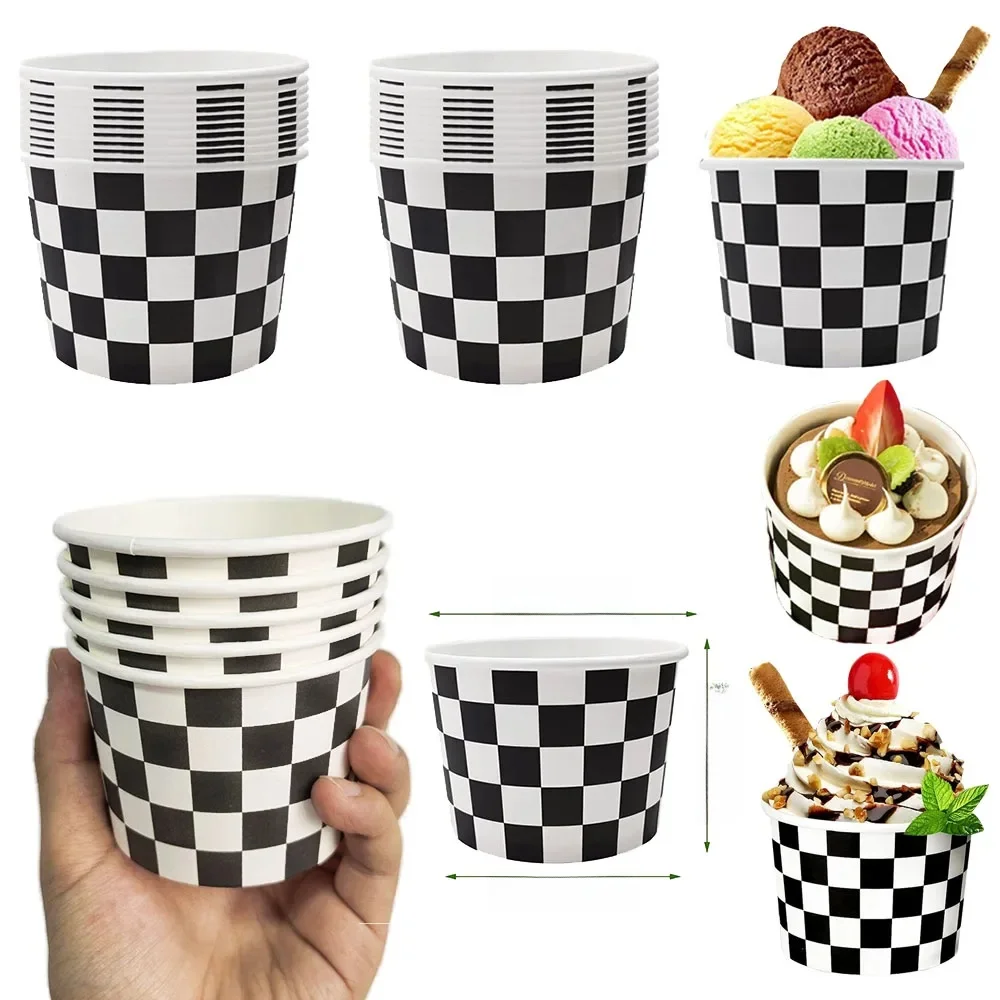 Gobelets à glace en papier à carreaux noir et blanc, bols à Dessert jetables, gobelets à collation, thème de voiture de course, fournitures de fête d'anniversaire