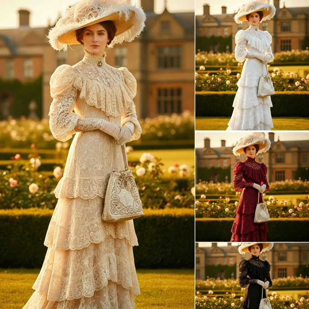 1900er Jahre Vintage Viktorianisches Edwardianisches Kostümkleid Hochgeschlossenes Puffärmel-Spitzenkleid Belle Epoque Hochzeitskleid Teeparty-Kleid