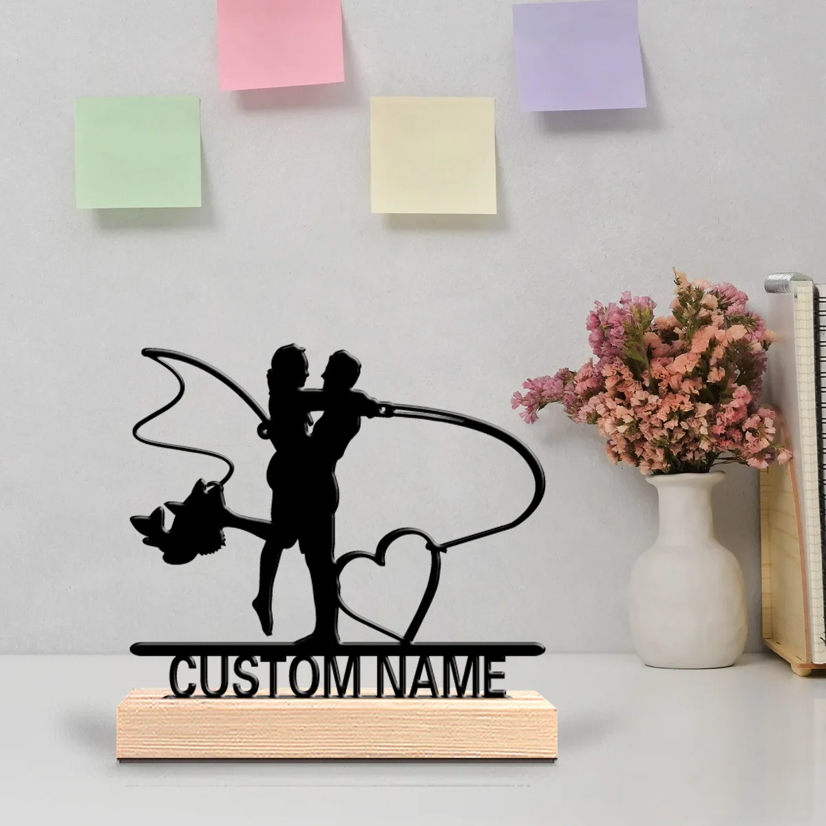 Custom Couple Fishing Metal Statue with Name/Date & Wooden Base Desktop Decor, Gift for Anglers, for Wedding/Anniversaries Decor