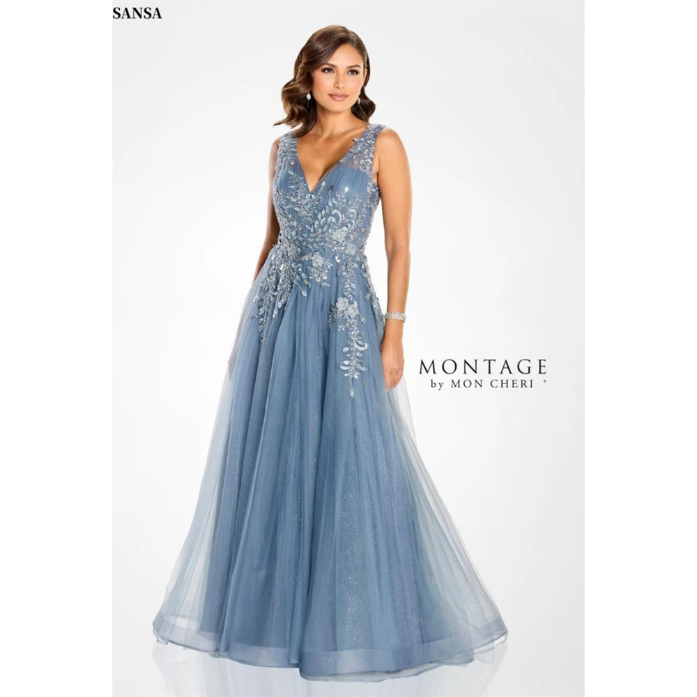 

Sansa индивидуальное синее платье для выпускного вечера с v-образным вырезом и цветочной блестками и аппликацией, элегантное трапециевидное платье Vestidos De Noche длиной до пола, торжественное вечернее платье