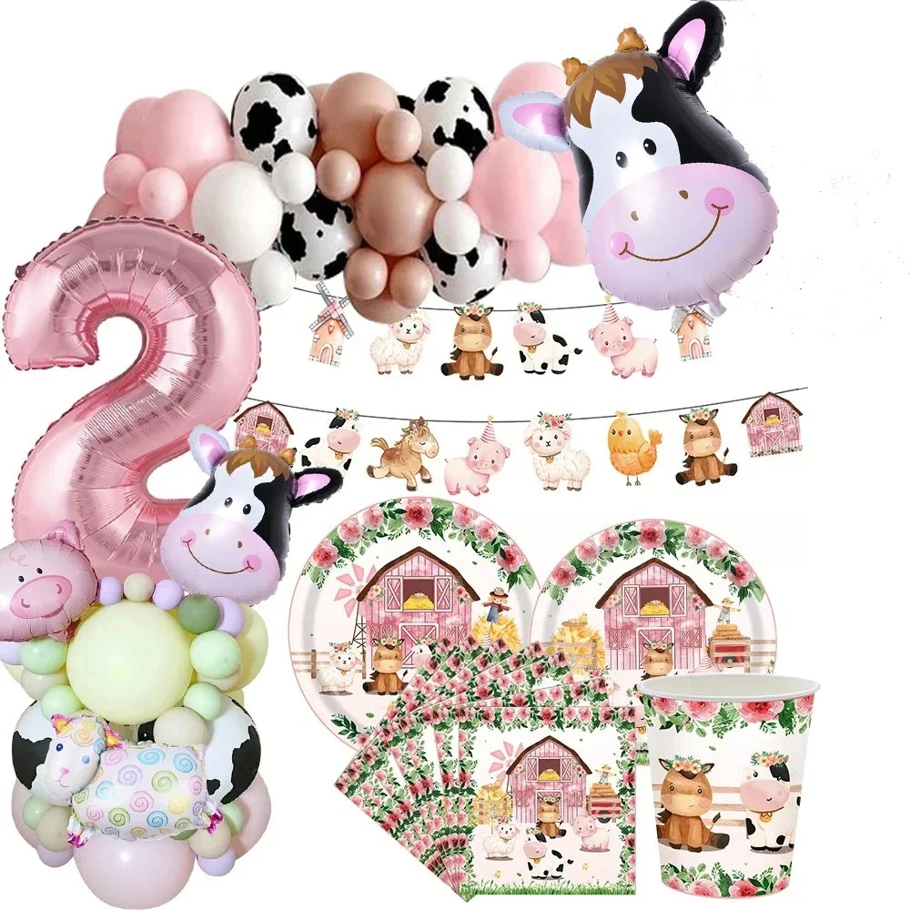 Décorations de gâteau sur le thème des animaux de la ferme pour filles, poulet, britware, garnitures de gâteau, bannières roses, décorations de fête d'anniversaire, 1 ensemble