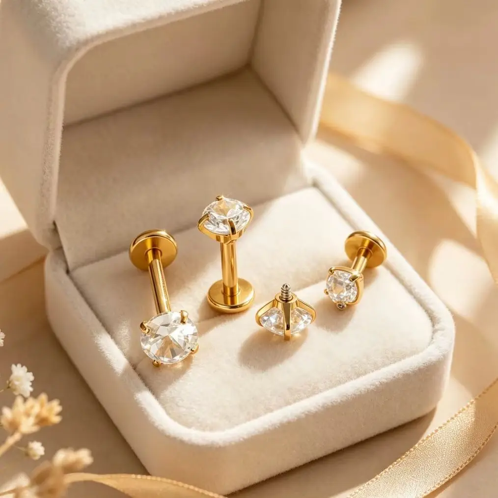 Implant Grade Titanium Gold CZ Internally Threaded Flat Back Stud, Tragus Cartilage Helix Conch Nose Piercing Jewelry, 16G18G20G
