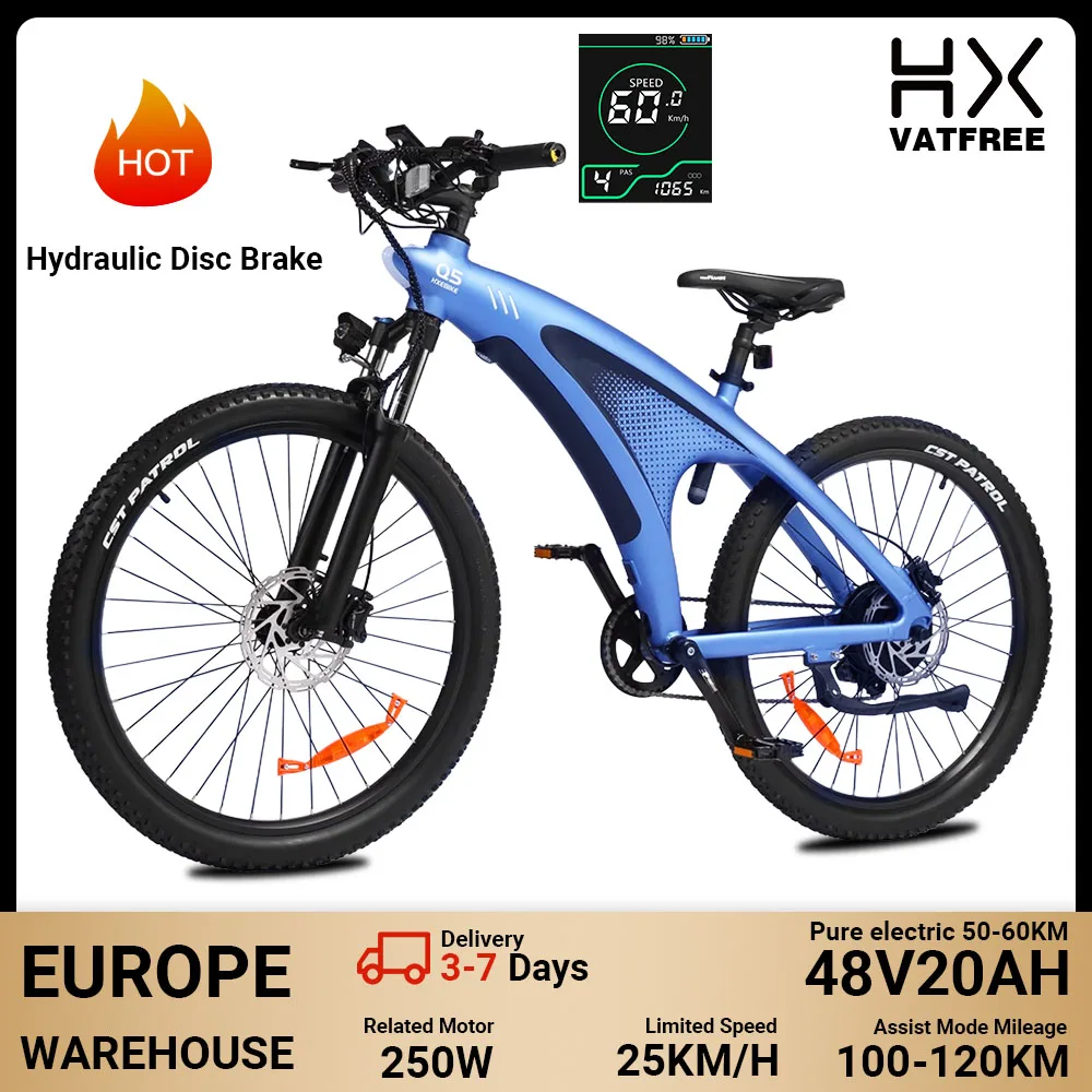 HX Q5 elektrische fiets voor volwassenen, met koppelregelaar, 250W motor, 85Nm, 48V, 20Ah, uitneembare accu, 27,5x2,25 inch, geschikt voor zowel berg- als stadsgebruik.