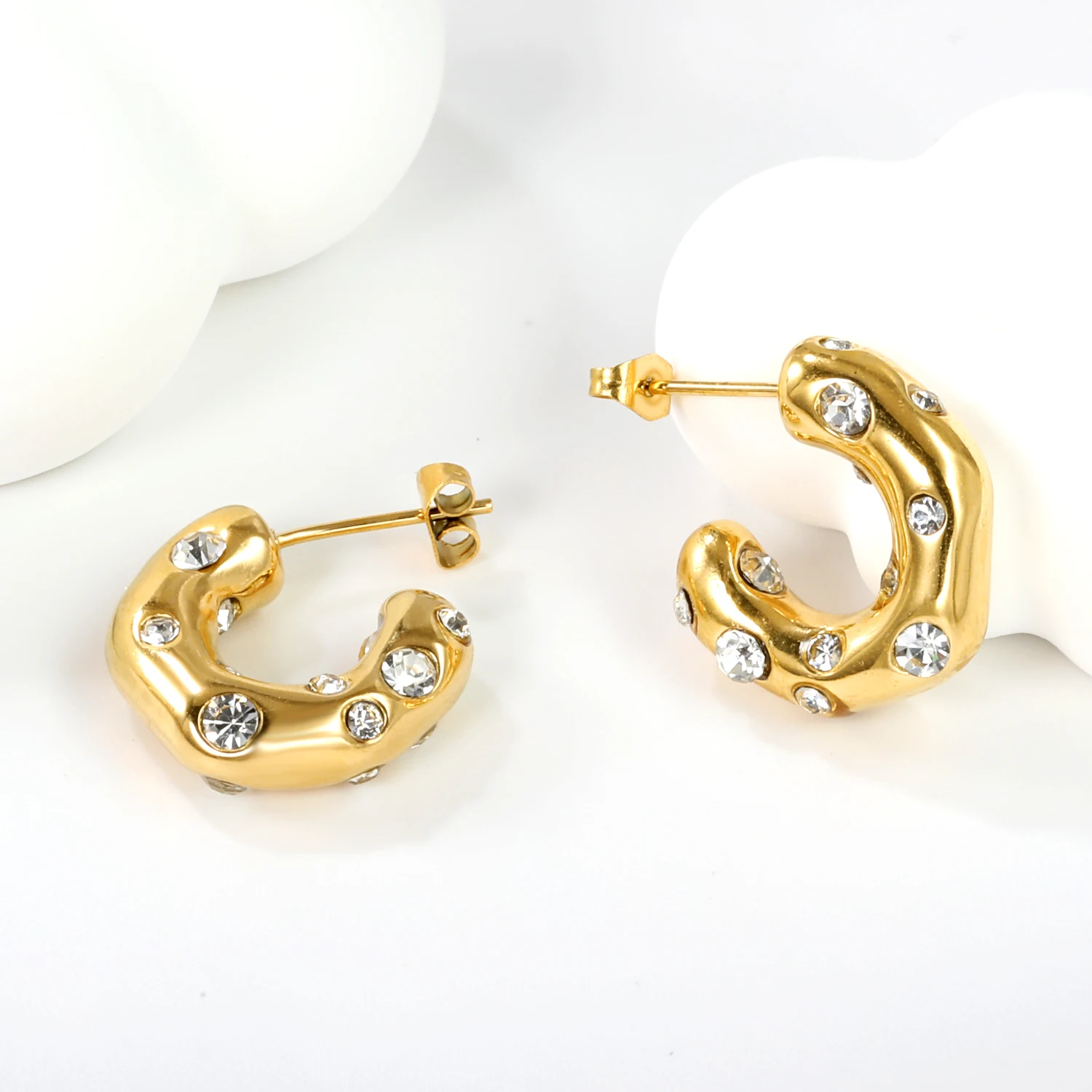 LUXUKISSKIDS Chunky Hoop Earrings Stainless Steel 18K Gold Plated Elegant Shiny Zirconia C Shape Thick Round aros Jewelry Female