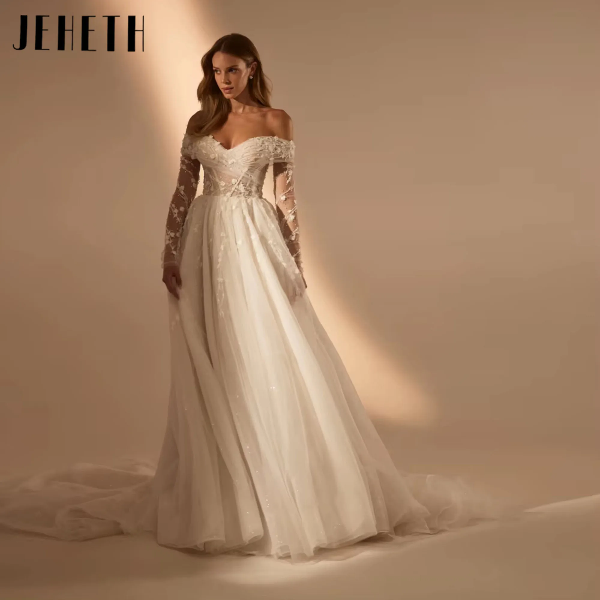 

JEHETH Shiny Beaded A-line Tulle Long Wedding Dress Sweetheart Neck Off Shoulder Bridal Gown 3D Flower Dress For BrideCustomized