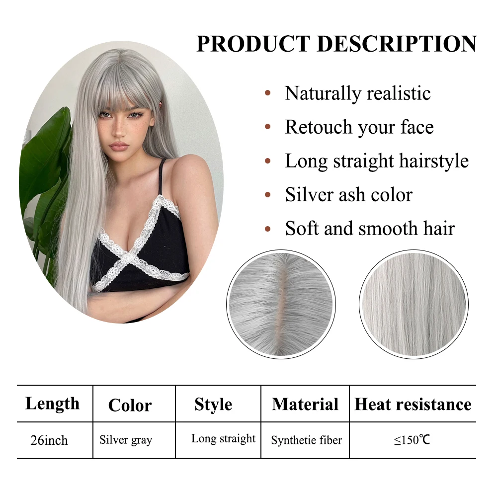 Silver Ash Gray Long Straight Synthetic Wigs Lolita Cosplay Natural Hair with Bangs for White Women Party Daily Heat Resistant