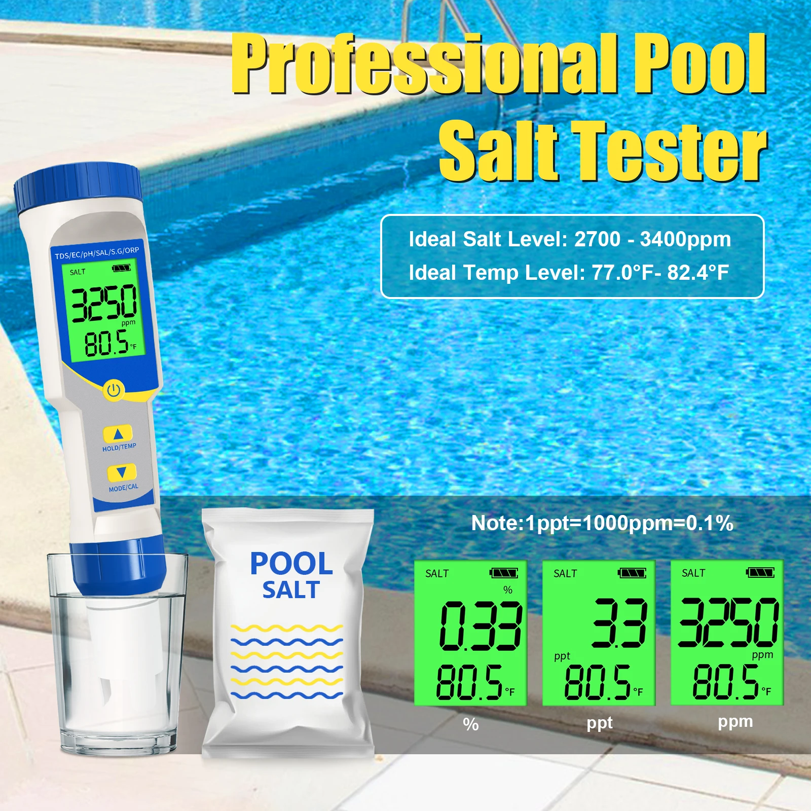 7-in-1 Digital PH TDS EC ORP S.G TEMP Water Quality Tester Detector for Swimming Pool Aquarium Conductivity Meter PH Monitor