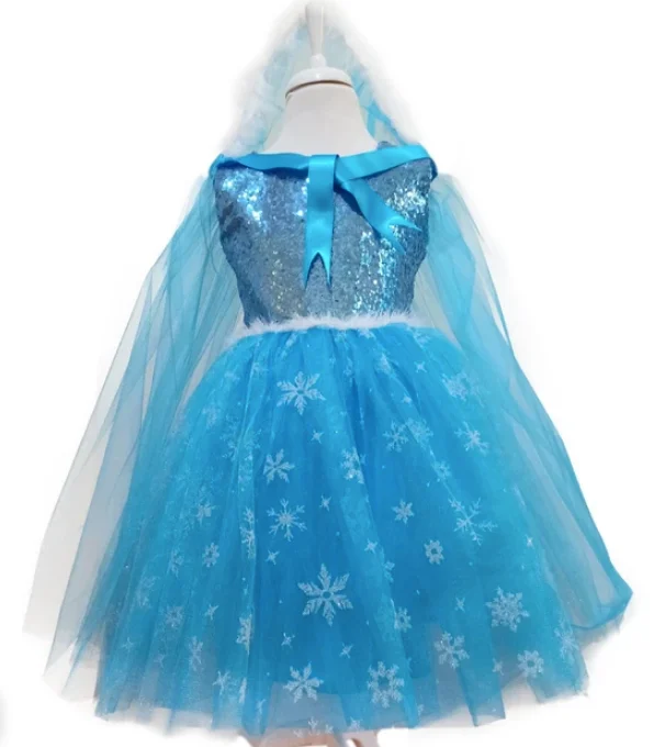 Printed Gauze Fluffy Organza Sleeve Mid Length Dress Girls' dresses For Princess Elsa Dress