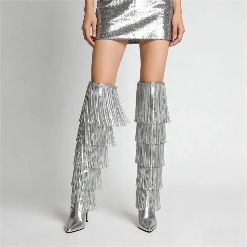 Onlymaker Women Sliver Pointed Toe Fringe Metallic Slim Over The Knee Boots Stiletto Dance Sexy  Thigh Boots