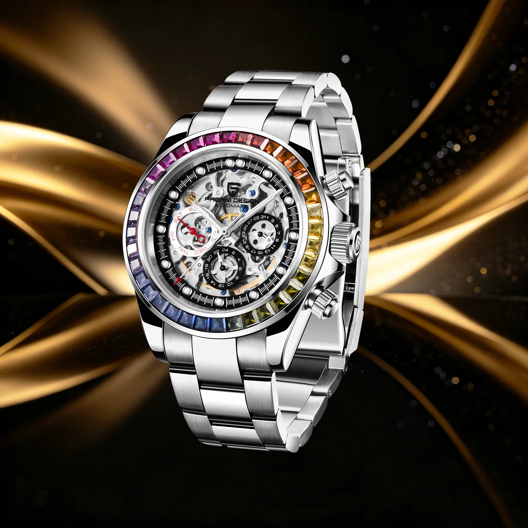 PAGANI DESIGN Urban Business Men Mechanical Watch Stainless Sapphire 3 Sub-Dial Skeleton Dial Week/Date Display Tachymeter Watch