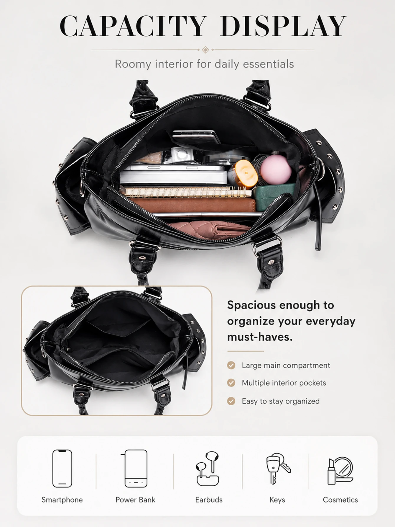 Y2K Schwarze PU-Leder Tragetasche für Damen, Glänzende Coole Große Kapazität Handtasche, Schulter-Umhängetasche für Tägliche Reisen – Detail 4