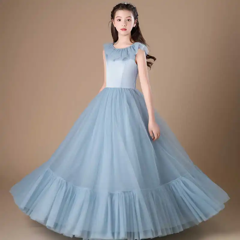 Vestido de princesa de tul esponjoso para niñas, largo hasta el suelo, sin mangas, cuello redondo, elegante y simple