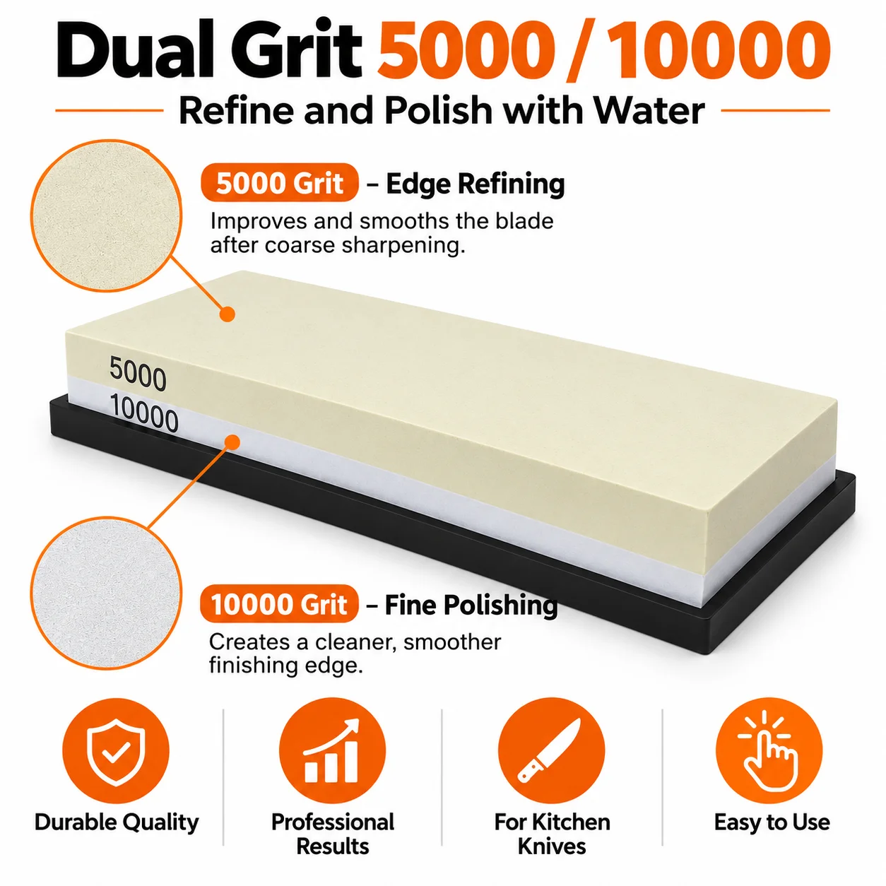Double Sided Whetstone 5000/10000 Grit Knife Sharpening Stone with Non-Slip Base for Fine Honing and Polishing