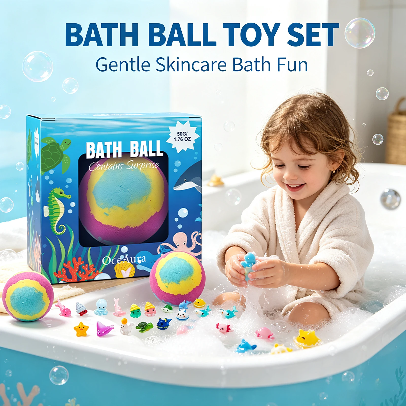 Ocean Theme Bath Ball Contains Surprise Fizzing Fun Bathtime Play Skin Softening Moisturizing Non Irritating Bubbles Fizzy Bath Ball