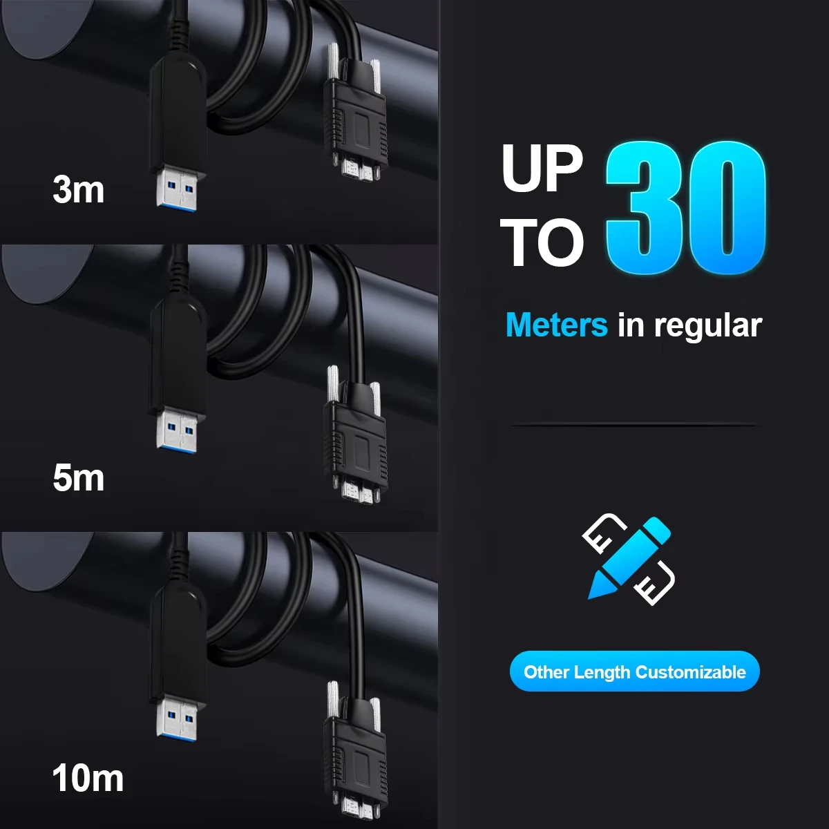10m/5m/3m USB3.0 Type-A To Micro-B Industrial Camera Cable With Locking Screws For Machine Vision Basler Hikrobot  FLIR Cognex