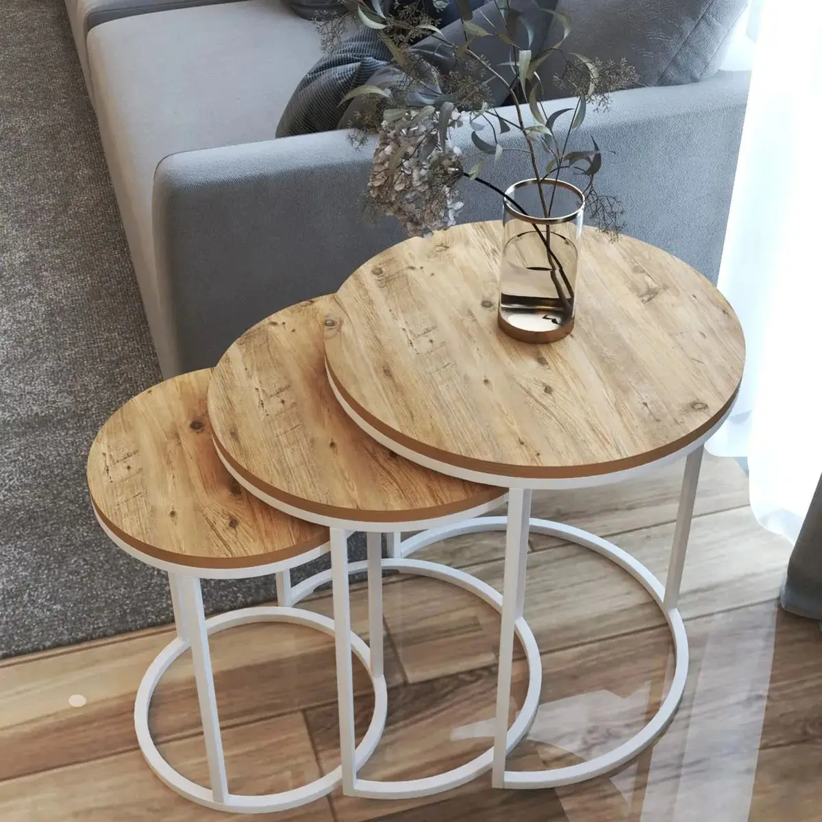 Juego de mesa de anidación decorativa para sala de estar, muebles de mesa de centro de diseño nórdico moderno de lujo de madera blanca, 3 piezas