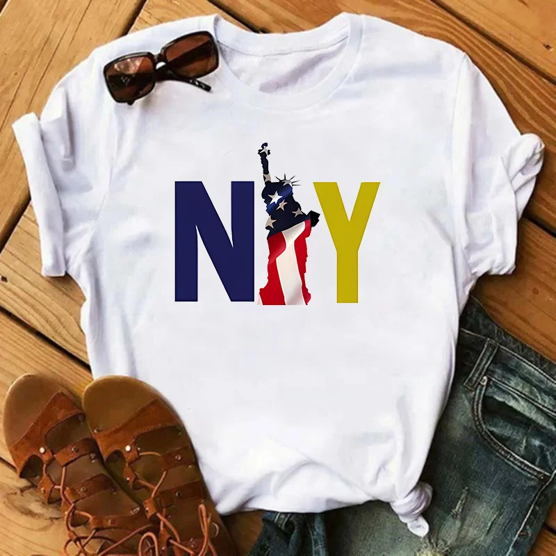 Summer American Flag New YorkStatue Of Liberty Fashion Sports Women's T-Shirt Harajuku Graphic Clothing Women's Top,Drop Ship