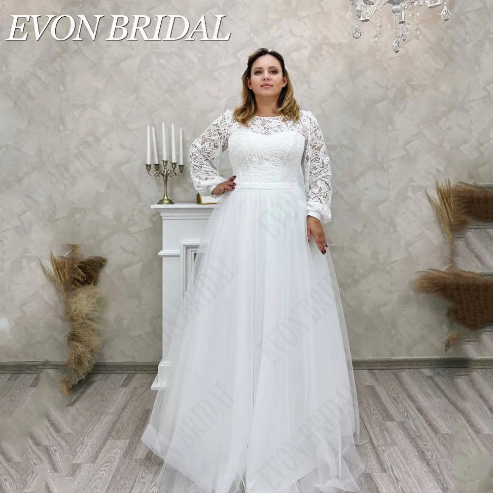 EVON BRIDAL Boho Long Puff Sleeve Wedding Dress Plus Size Scoop Neck Lace A-Line Bridal Gown Custom Made vestidos de novia