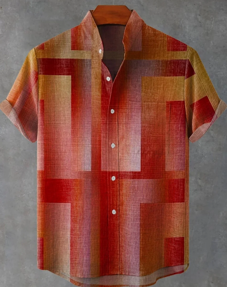 男性用リネンカジュアルシャツ、ボタン付きトップ、半袖、プリント柄、フェスティバルスタイル、ヴィンテージスタイル