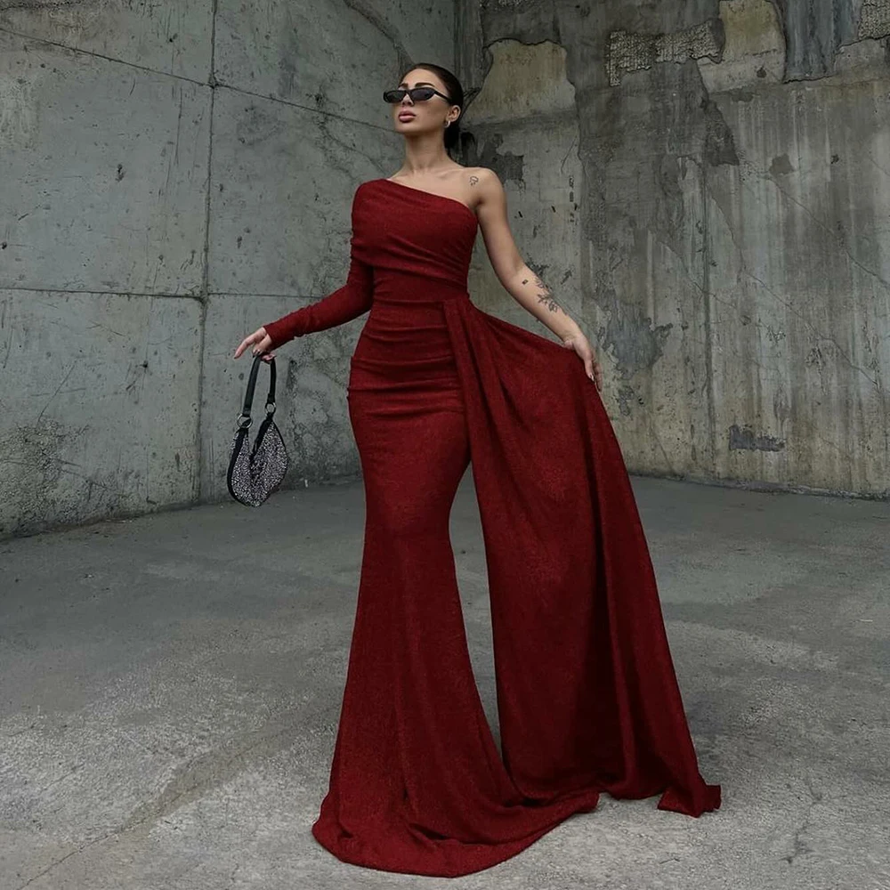 Msikoods Elegant One Shoulder Red Prom Dress With Draped Train Mermaid Evening Dress Bespoke Women Party Events Gown Customized