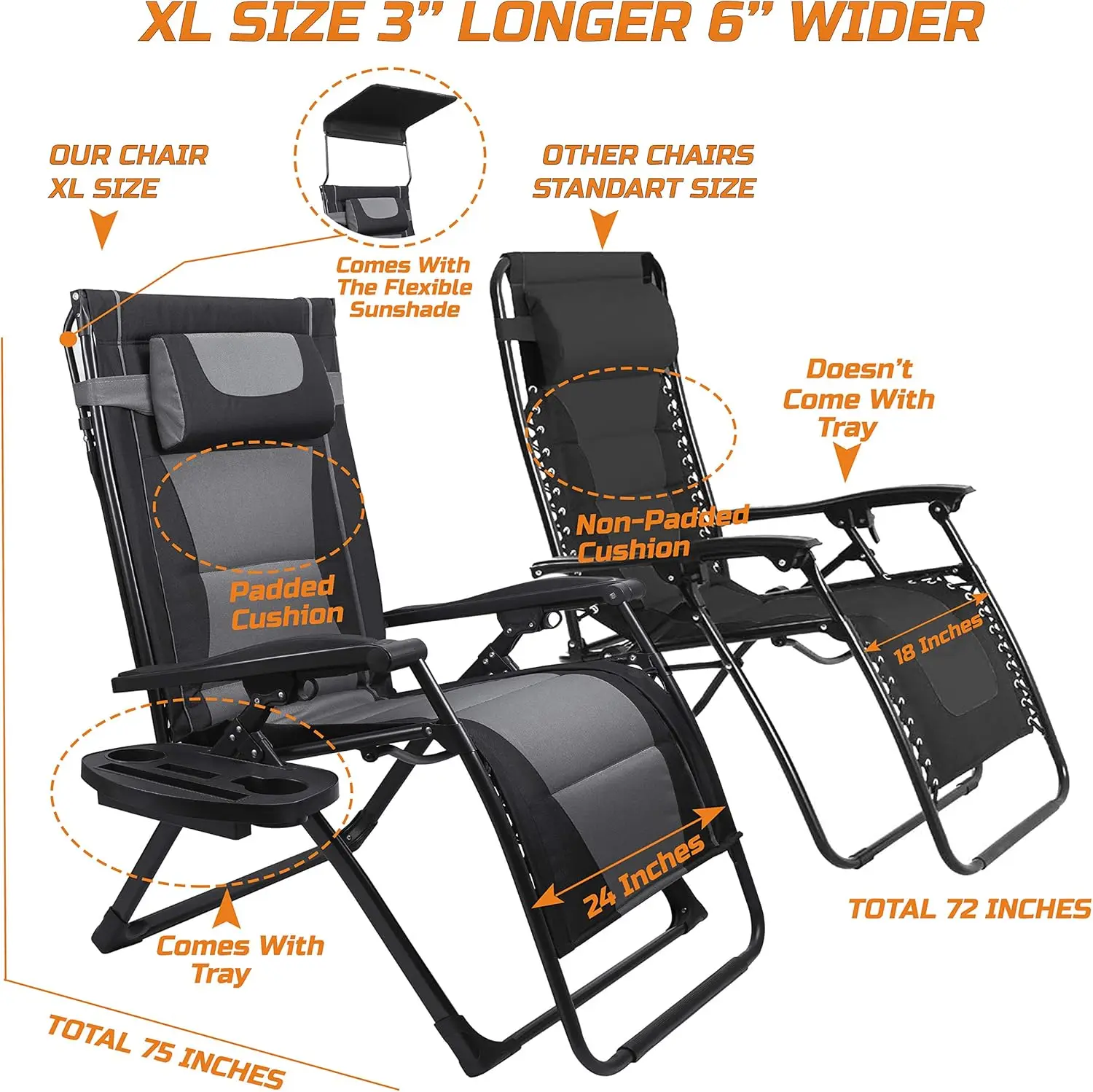 XXL Oversize Recliner Folding Chair for Camping Patio Outdoors Zero Gravity Extra Wide Reclining Padded Seats with Sunshade and