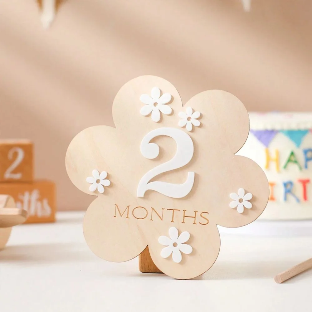 Newborn Baby Wooden Monthly Milestone,Flower and Bear Shaped Wooden Plaque,Perfect For Birthday Photography Props,Birthday Gift