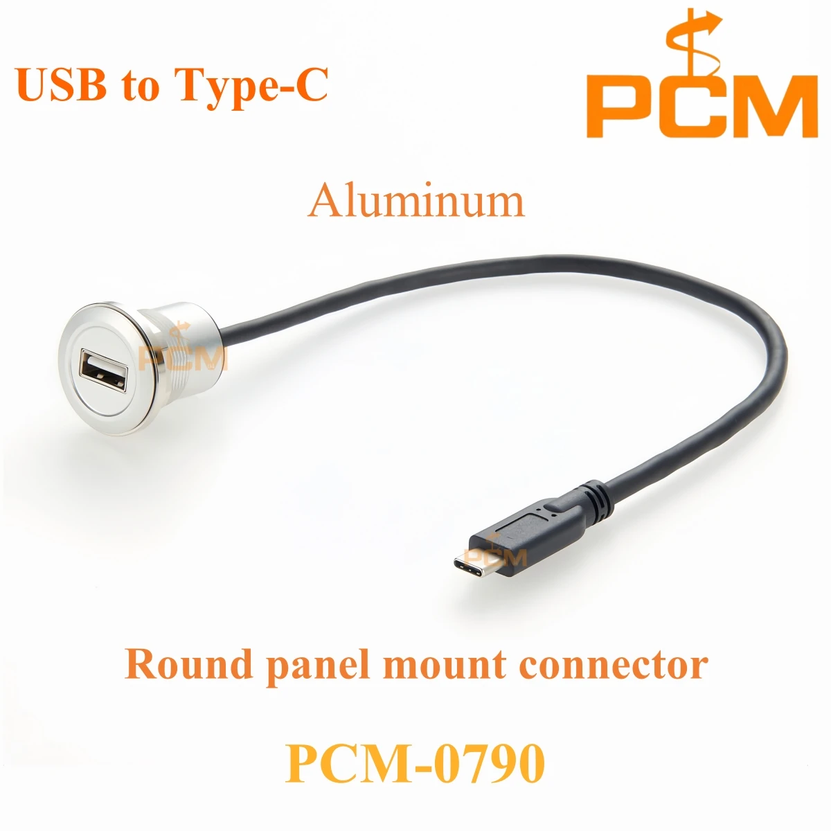 USB2.0 Type-A to Type-C extension cable,Aluminum mental Round panel mount female connector,for bulkhead installation