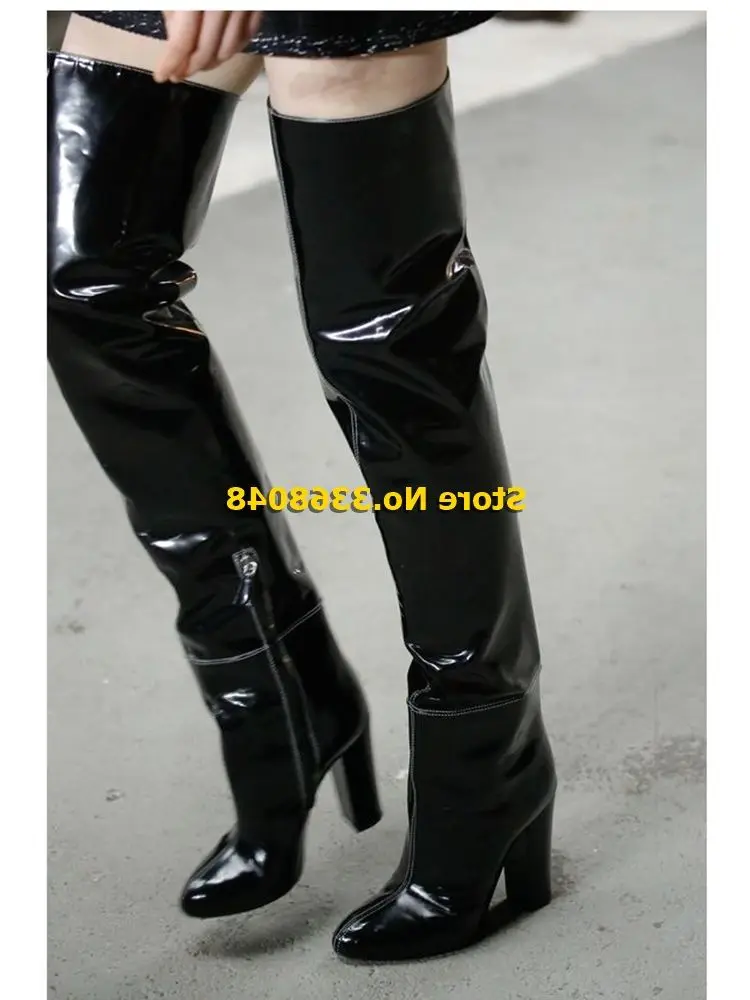 

Black Patent Leather Thigh High Boots Round Toe Block Heel Over The Knee Fashion 2024 Winter Women Boots Zipper