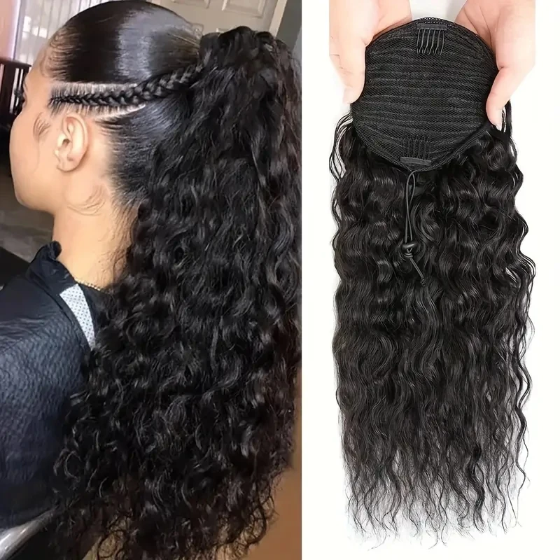 Extensions de queue de cheval bouclées Deep Water Wave avec clips, Wstring de proximité, document noir naturel, cheveux 100% humains