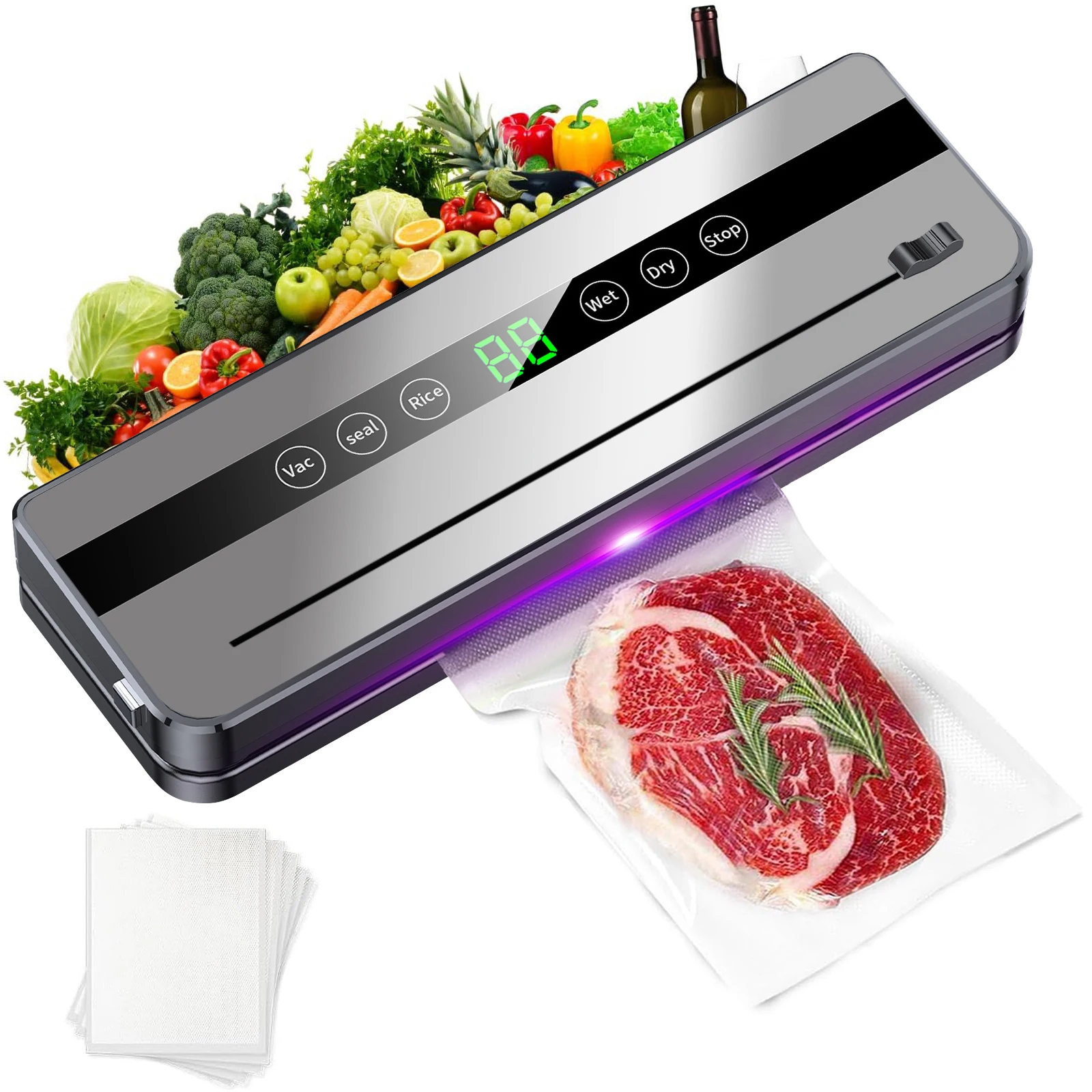 Automatic Food Vacuum Sealer Dry and Wet Food Modes for Preserving Light Food with 10 Bags of Paper Pieces