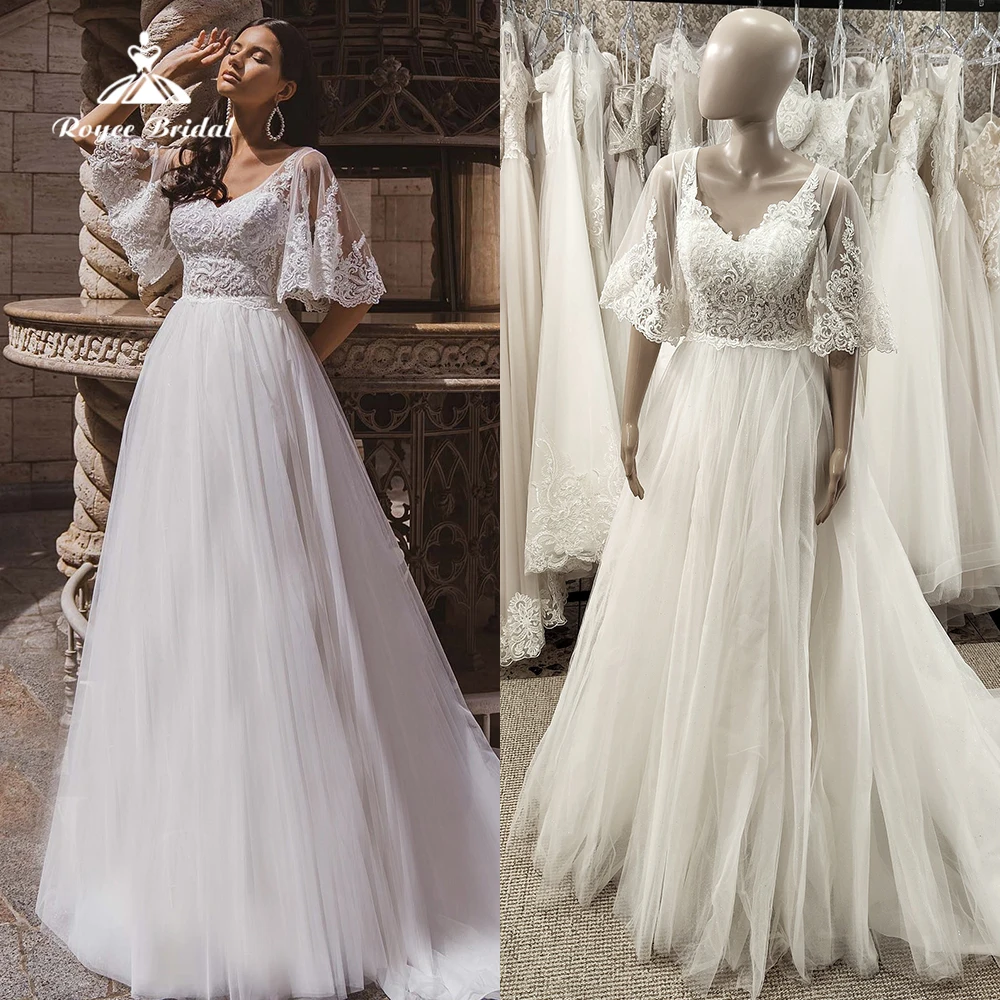 Boho Lace Half Flare Sleeve Wedding Dress 2023 V Neck Tulle Long Court Train A Line Bridal Gowns Women Elegant Vestidos De Novia