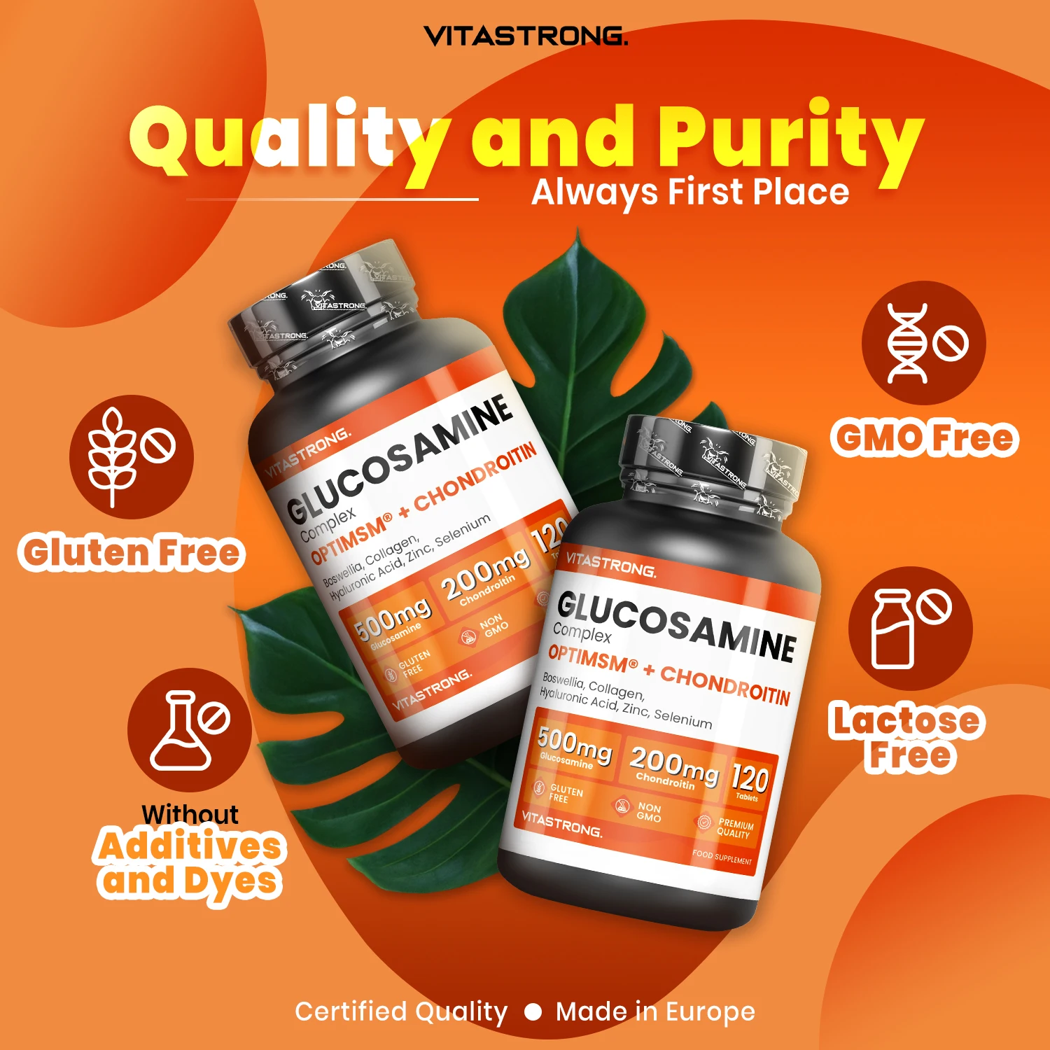 Vitastrong Glucosamine Chondroitin مع MSM، الكولاجين وحمض الهيالورونيك، الزنك، السيلينيوم، المنغنيز، Boswellia، مكمل MSM المركب الجلوكوزامين، العظام، المفاصل، الغضروف، جودة ممتازة