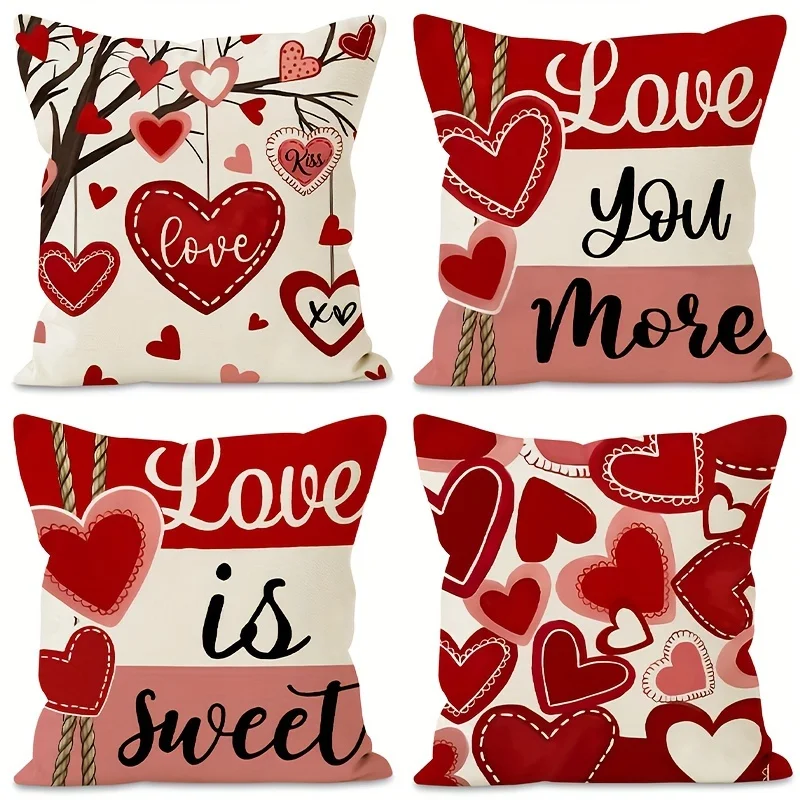

4-piece Valentine's Day decorative pillowcase with red hearts and love-themed geometric pattern pillowcase zipper design 18x18 i