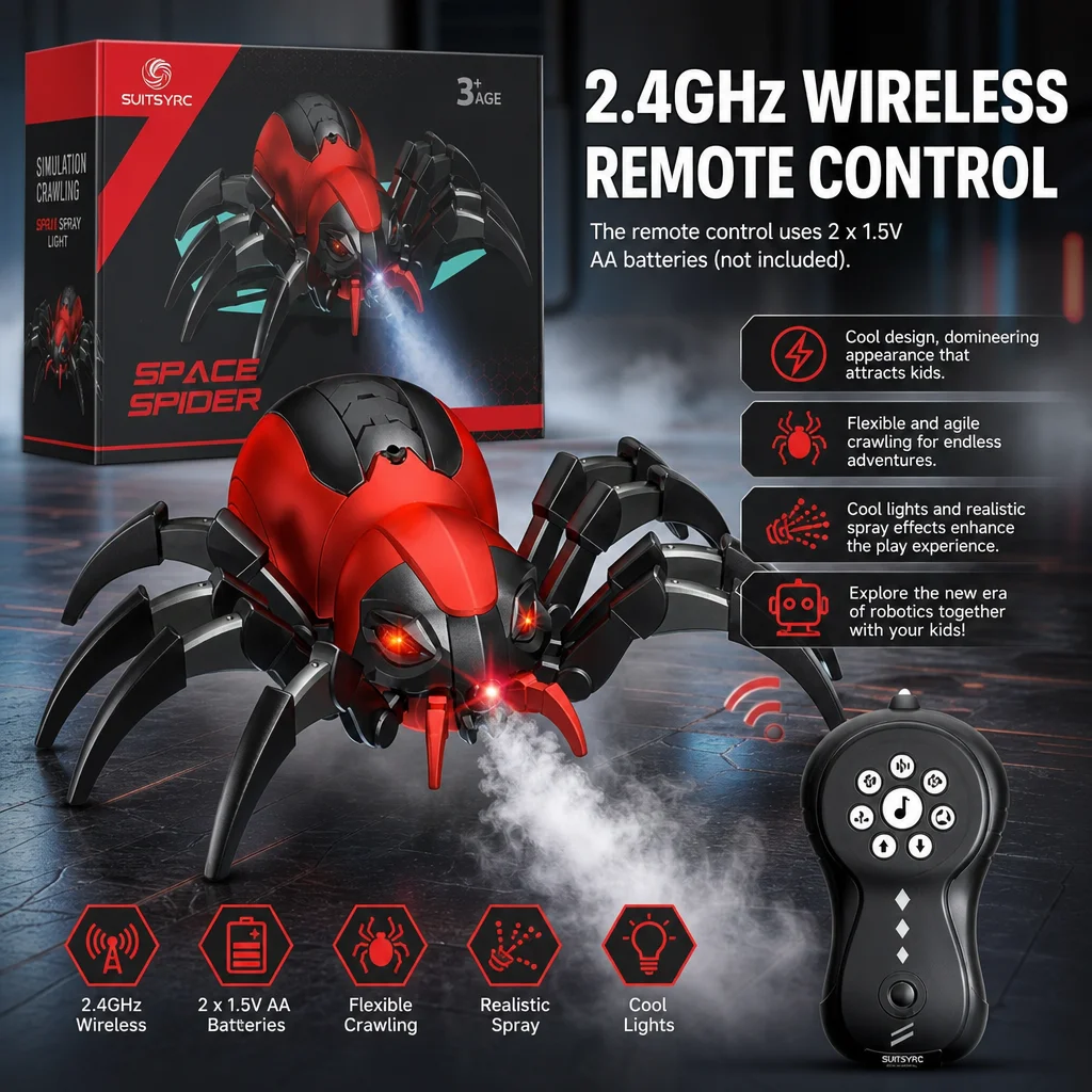 RC Spider Prank Toy Red, Mist Spray and LED Eye Lights, 2.4G Wireless Smart Crawling Animal, Scary Gag Gift for Halloween Party