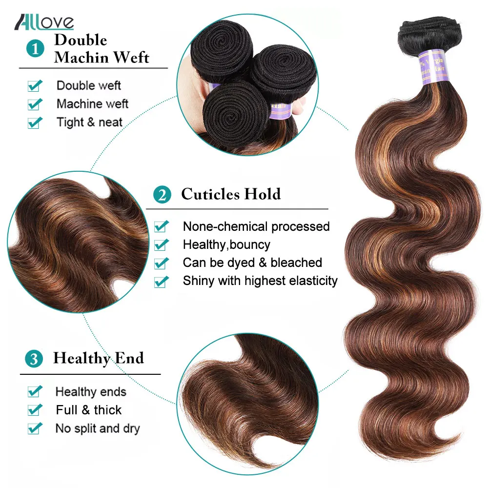 Allove-Extensions de Cheveux Humains Vierges, Tissage en Lot, Body Wave, Ombré, 100% Brésilien, 1B 4 30, à Reflets, FB 30