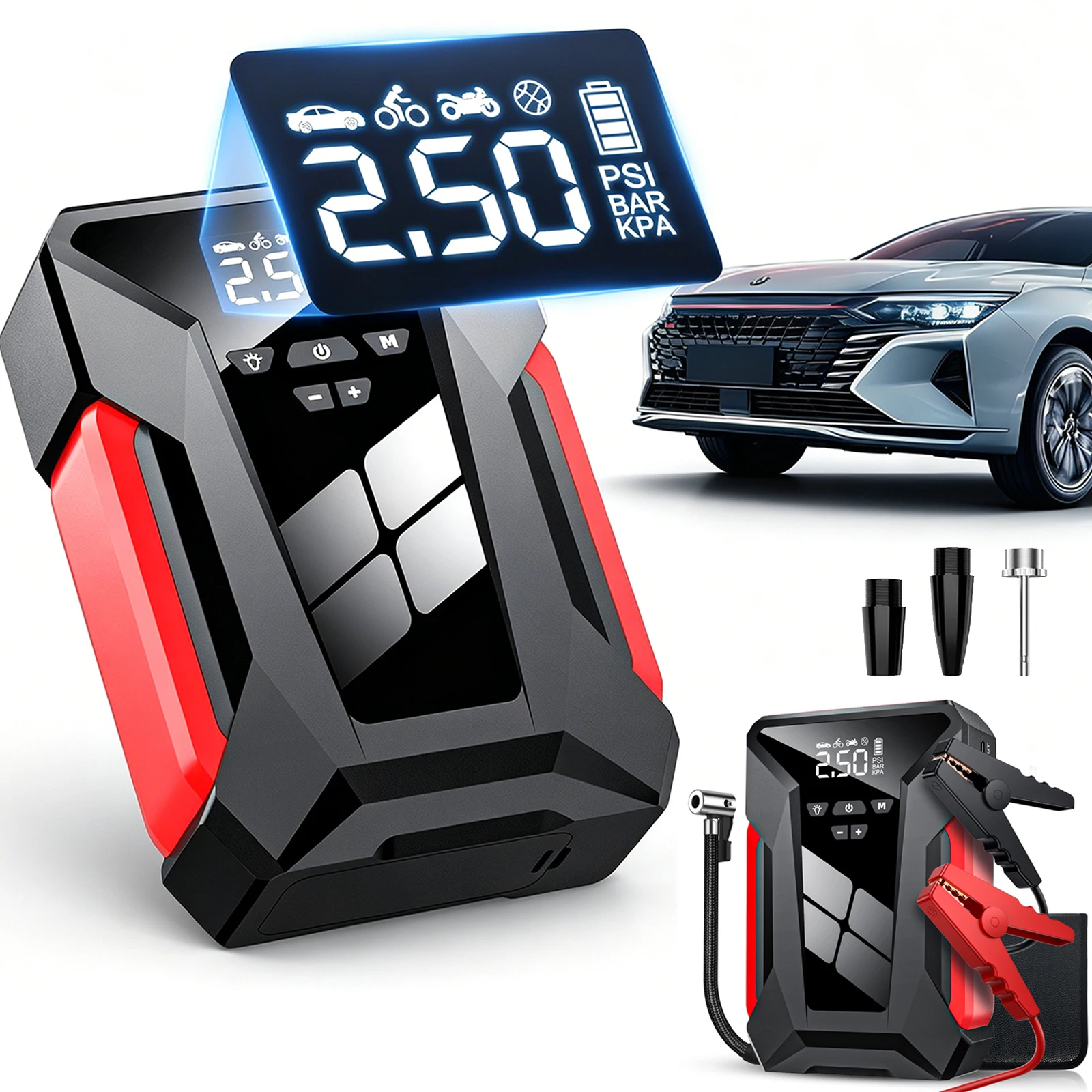 Arrancador de Coches 4 en 1 con Compresor de Aire de 150 PSI, Cargador Portátil, Dispositivo de Arranque de Batería de Coche de 1200A, Compresor de Aire