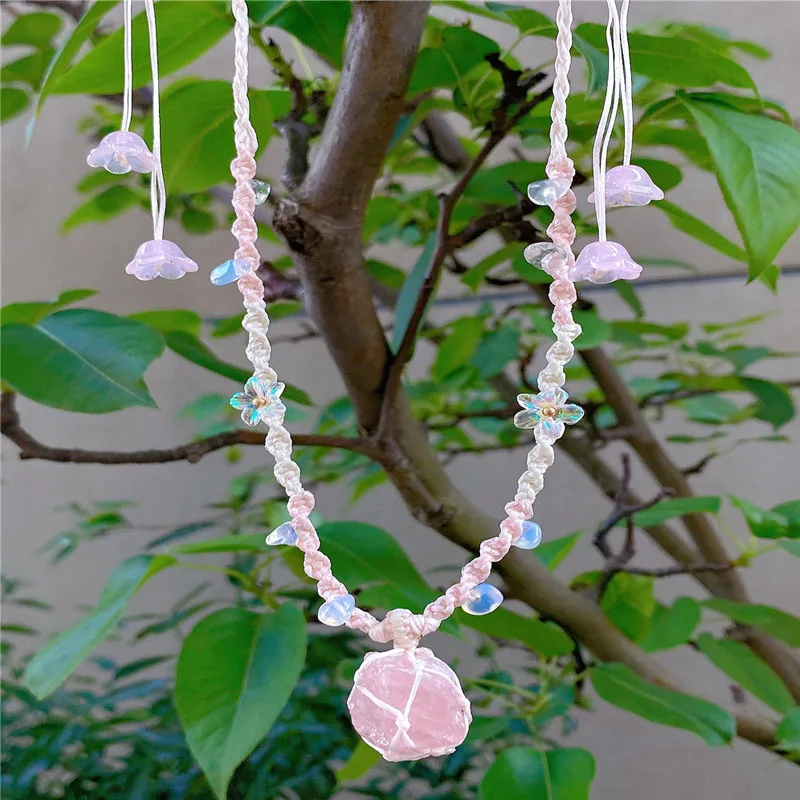 Natürliche Rosenquarz Makramee Schnur verstellbare Halskette rohen rosa Kristalls tein Anhänger Boho Hippie Schmuck Geburtstags geschenk für Frauen