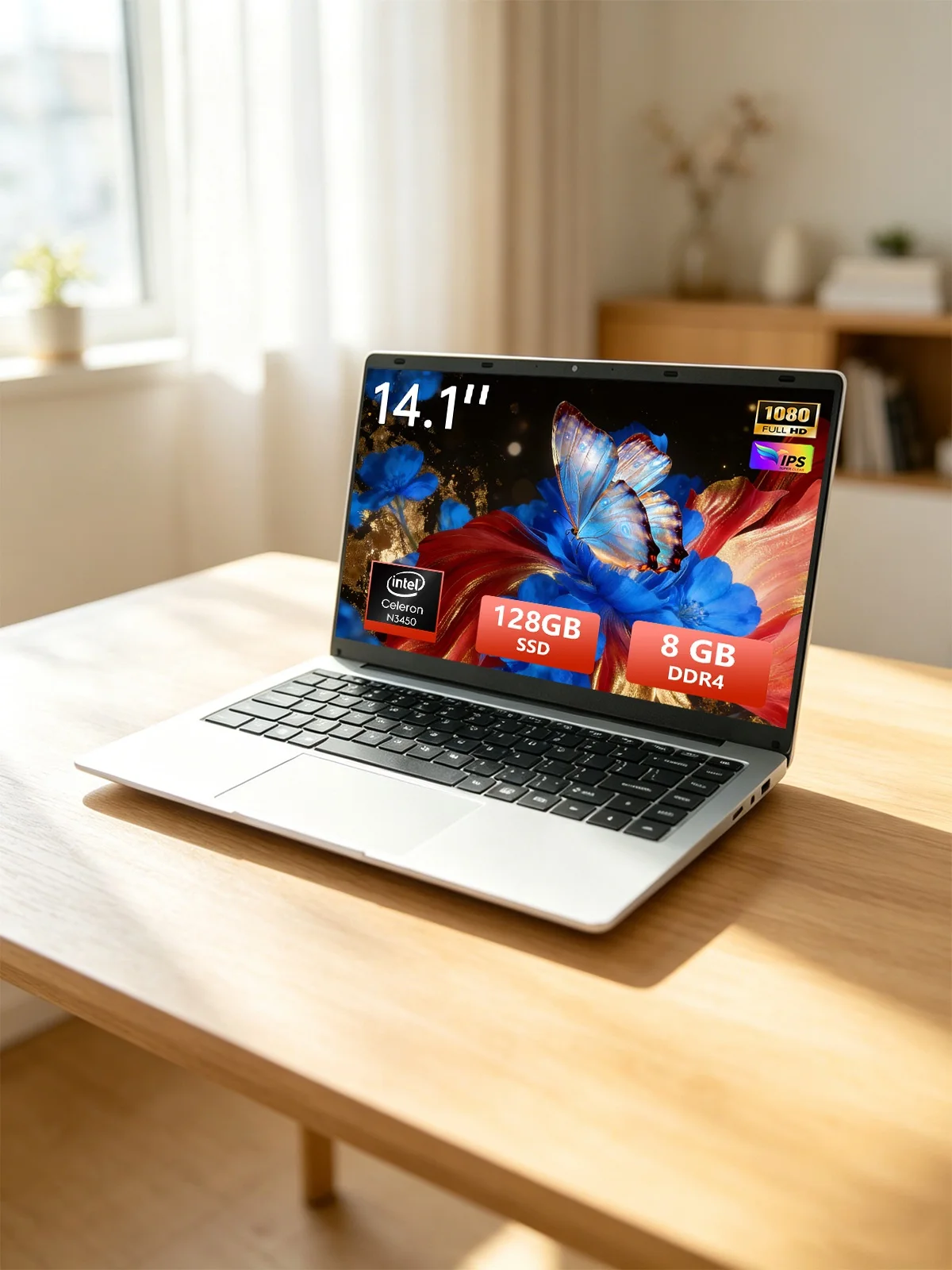 Brand New 14.1 Inch Laptop Intel Celeron N3450 8GB RAM 128GB SSD FHD 1920x1080 Notebook Windows 10 Pro WiFi Dual Band Bluetooth 5.2 Lightweight Portable Computer for Student Office Business Home France Stock Multi Language System Laptop Duty Free Shop
