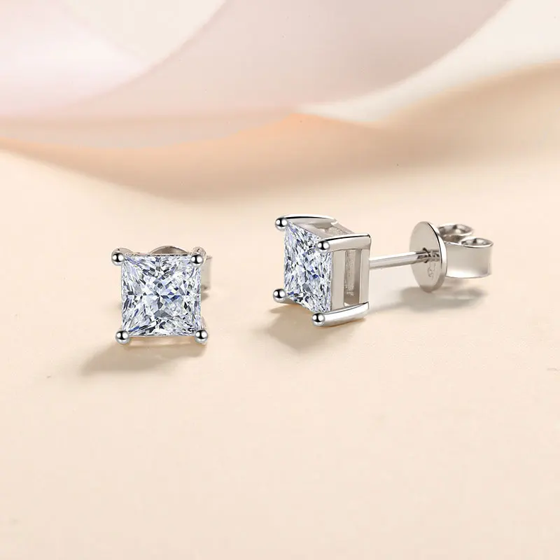 KNOBSPIN D kolor księżniczka Cut Moissanite kolczyk s925 srebro platerowane 18k białe złoto kolczyki dla kobiet biżuterii — zdjęcie 4