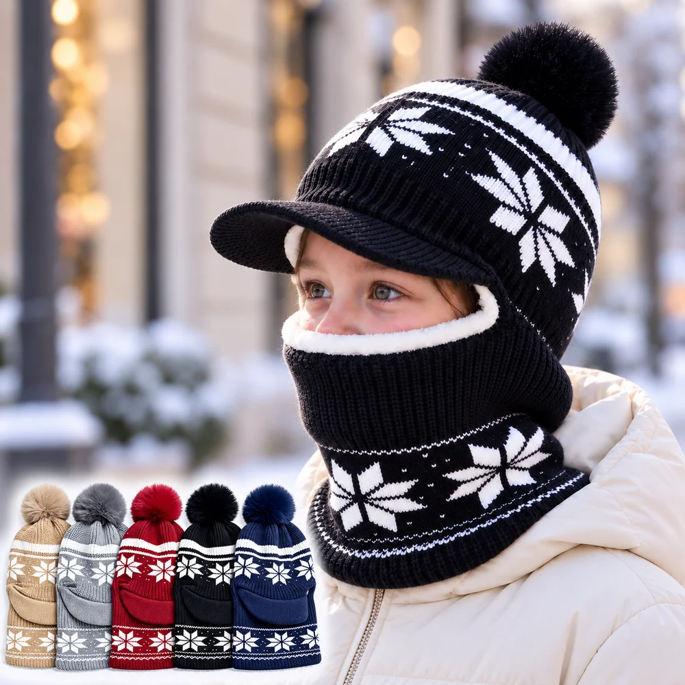 Kids Winter Knit Hat and Neck Warmer Set, Snowflake Pom Pom Visor Cap, Warm Fleece Lined Face Cover for Boys Girls 3-10 Years
